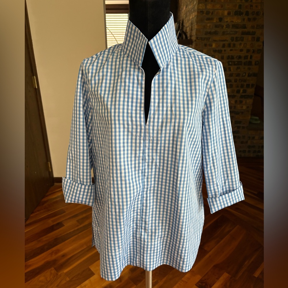 Tuckernuck, Blue & White Gingham Stand Collar Blouse Women’s,  ECU